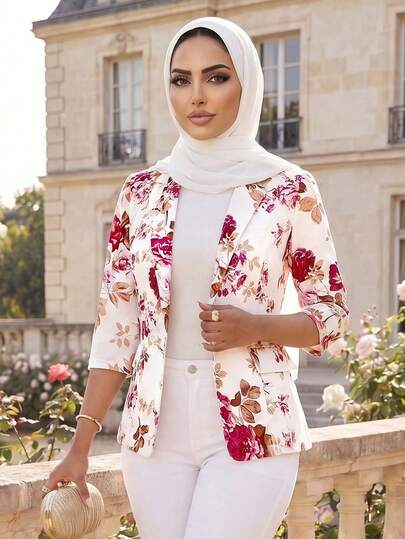 SHEIN Lady 2025新款女士薄款西装外套适合所有季节商务休闲女外套秋冬花卉印花西装外套