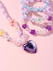 Set de 4 piezas de joyería de cuentas con dije de corazón de acrílico para niñas, incluyendo pulsera y collar, color aleatorio, apto para uso diario - Multicolor - Ver 8