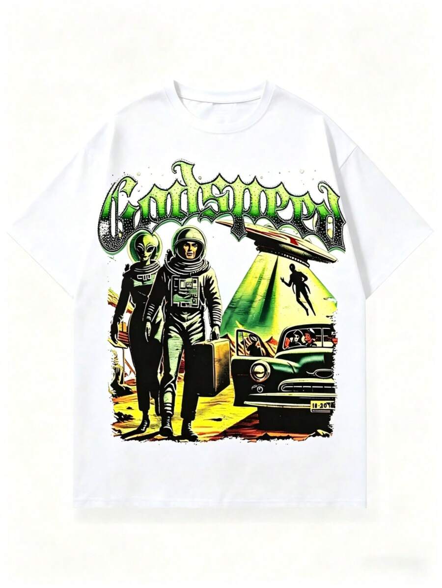 Alien T Shirts Men, Retro Godspeed Alien Astronaut Print, 100% Cotton Crew Neck Short Sleeve, Y2K Hip-Hop Style, Digital Print, Big And Tall,   For Men - 白色 - 查看 1