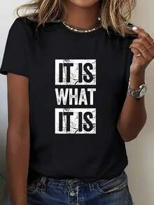 1pc mujer 100% "Es lo que es" camiseta gráfica - e impresión de contraste, cuello redondo manga corta top casual para uso diario y formal - Negro - Ver 2