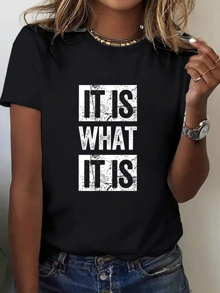 1pc mujer 100% "Es lo que es" camiseta gráfica - e impresión de contraste, cuello redondo manga corta top casual para uso diario y formal