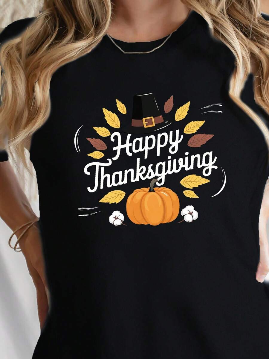 Camiseta de calabaza feliz de Acción de Gracias de las mujeres - suave cómodo suelto de manga corta cuello redondo, retro hoja de otoño y calabaza impresión con Turquía y maíz diseño, tres de Acción de Gracias de otoño casual, H-Line siluetara fiestas de vacaciones y tre casual