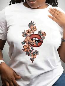 Día de la Madre de las mujeres cuello redondo de moda casual camiseta corta Sved Top se puede usar para Dailpor. Impresión labial floral destacada como regalo para amigos y familia - Blanco - Ver 2