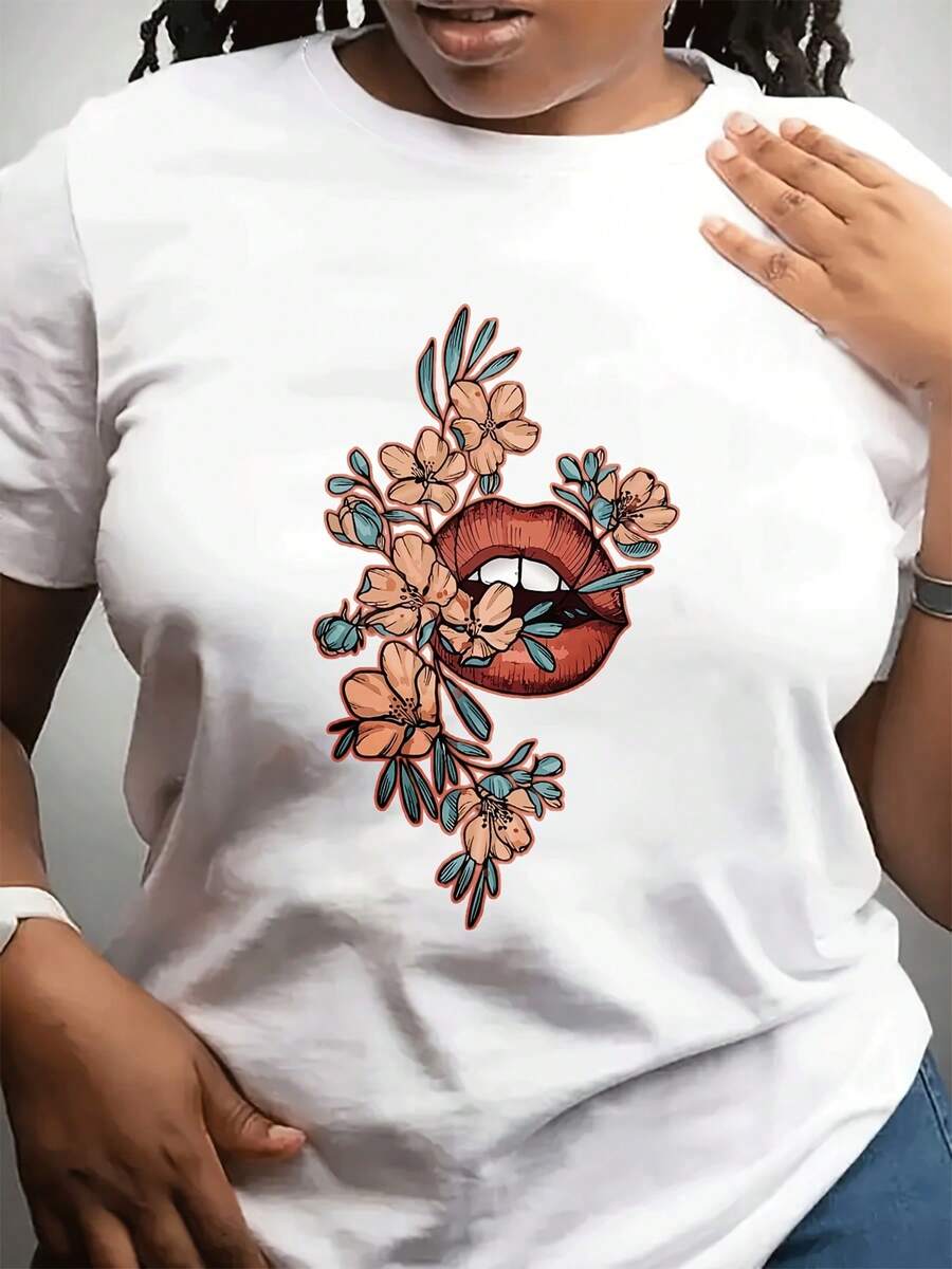 Día de la Madre de las mujeres cuello redondo de moda casual camiseta corta Sved Top se puede usar para Dailpor. Impresión labial floral destacada como regalo para amigos y familia