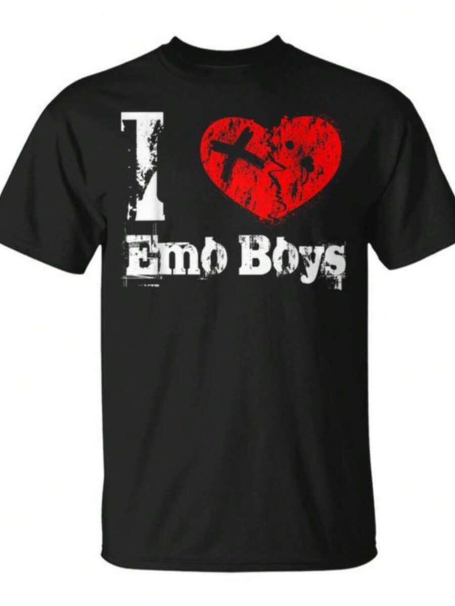 Women's Casual Cotton Round Neck Short Sleeve T-Shirt With 'I Love Emo Boys' Print, Regular Fit Tee Top - 黑色2 - 查看 1