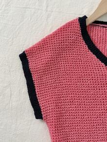 Top casual y elegante de punto con escote en V y diseño calado, de manga corta, con diseño calado, alta elasticidad y estilo bohemio para el verano - Rosa coral - Ver 7