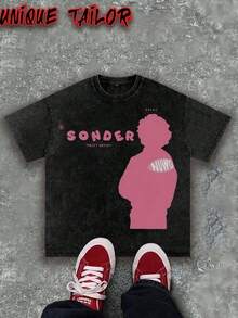 Unique Tailor - (230g Algodón Puro) Camiseta de Hombre con Estampado de Patrón "SONDER" en Rosa Retro, Cuello Redondo de Algodón Suave Lavado, Adecuada para Uso Casual - Lavado a Máquina, Esenciales de Verano, Ropa para Exteriores, Estilo Retro, Tejido Transpirable, Camiseta de Manga Corta, Estilo Y2K - Negro - Ver 2