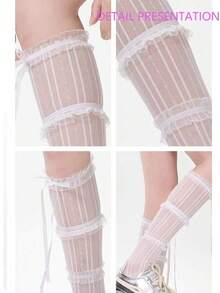 2pcs/Set Summer Korean Style Polka Dot Ankle Socks + White Lace Bow Leg Warmers, Thin Layered Ballet Ruffle Leg Warmers, Suitable For Y2K Daily/Date/School Outfits - Multicolor - View 9