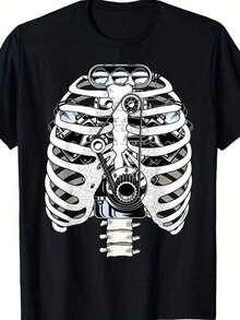 GiftCamiseta gráfica de esqueleto mecánico de algodón para hombres - Camiseta casual de manga corta con cuello redondo y diseño de motor intrincado, ropa inspirada en automoción para mecánicos y entusiastas de los coches, lavable a máquina, camisetas de mecánico, comodidad diaria, tela no transparenteSoft - Negro - Ver 1