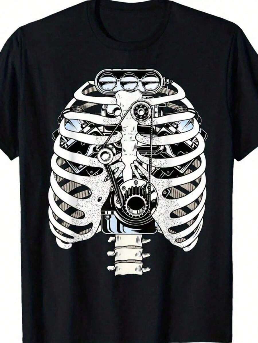 GiftCamiseta gráfica de esqueleto mecánico de algodón para hombres - Camiseta casual de manga corta con cuello redondo y diseño de motor intrincado, ropa inspirada en automoción para mecánicos y entusiastas de los coches, lavable a máquina, camisetas de mecánico, comodidad diaria, tela no transparenteSoft - Negro - Ver 1