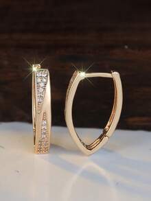 Vanel 1 Pair Luxury Cubic Zirconia Inlaid Geometric Pattern Gold Earrings, Fashionable Earring Design, Stylish Jewelry For Women, Elegant Gift - Golden Yellow-white - View 1