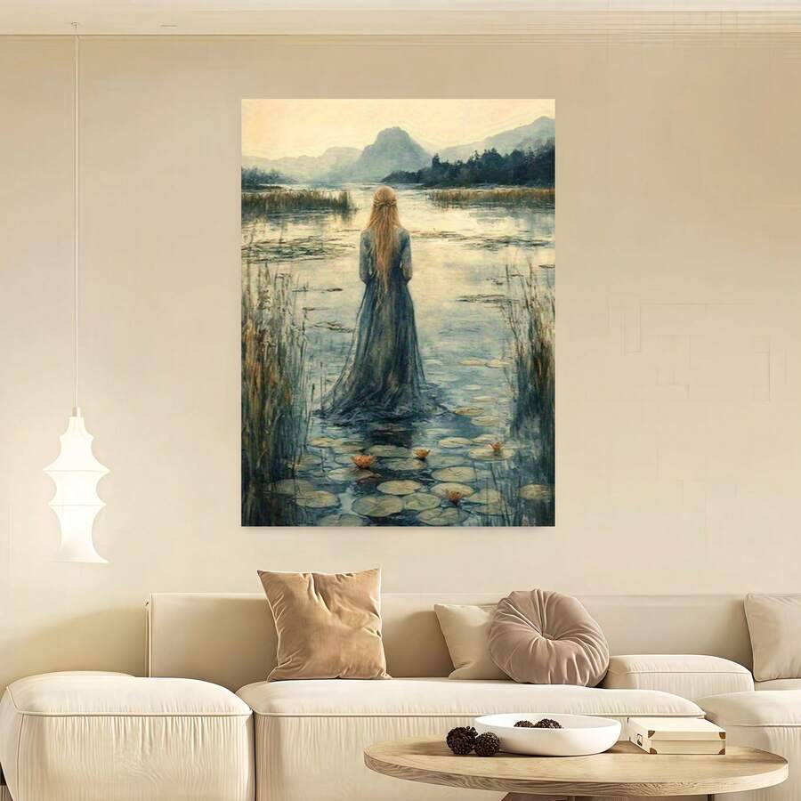 Enmarcado lámina enmarcada de la mitología celta de la diosa del agua - 30,48 x 40,64 cm (0,9" x 16") Marco de  reciclada Lienzo envolvente - Pintura folclórica de mujer etérea Ideal para sala de estar, dormitorio, oficina - Decoración de pared mística con temática de la naturaleza y obra de arte espiritual - Enmarcado - Ver 1