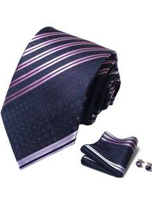 AlanKing Bộ 3 món cổ điển dành cho nam giới gồm cà vạt sọc, khăn cài túi áo và khuy măng sét, hộp quà màu trắng, thích hợp làm quà tặng kỷ niệm, Giáng sinh, Ngày Valentine. - Màu sắc hỗn hợp - Xem 9