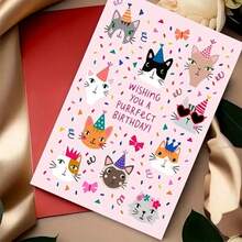 1张可爱猫咪图案生日贺卡，适合爱猫人士赠送给家人、伴侣、朋友和同事（含随机颜色信封），也适合开学季和学习用品。 - 多色 - View 1