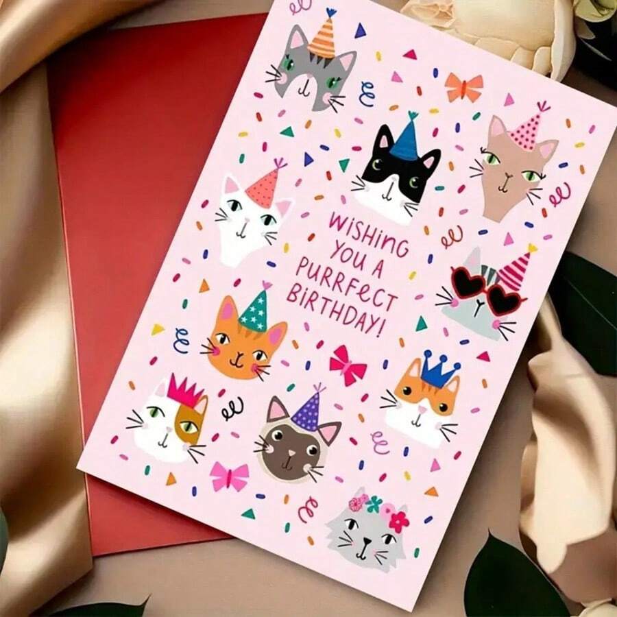 1张可爱猫咪图案生日贺卡,适合爱猫人士赠送给家人、伴侣、朋友和同事(含随机颜色信封),也适合开学季和学习用品。 - 多色 - View 1