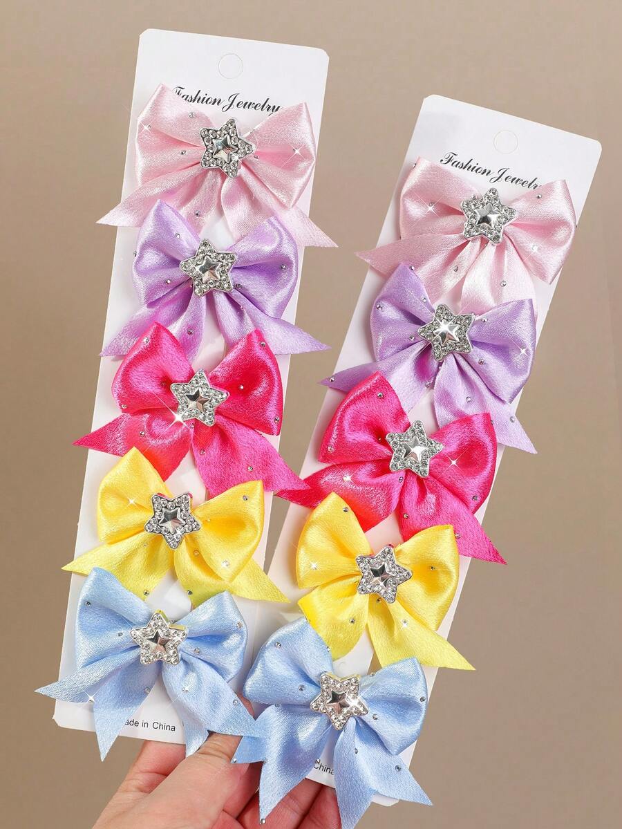 10/5pcs Girls Colorful Pentagram Rhinestone Fabric Pearl Bow Hair Clips, Hair Accessories For Daily Use - Multicolor - View 1