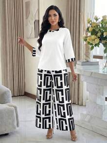 SHEIN Lady Bộ 2 món áo tay lỡ in họa tiết thường ngày dành cho nữ và quần dài - Đen và trắng - Xem 4