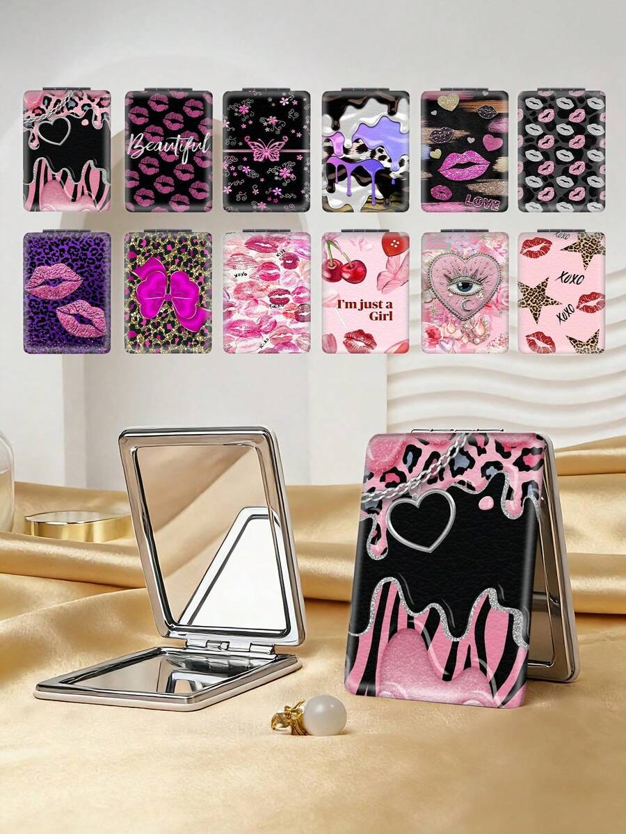 1pc Y2K Aesthetic Cute Vanity Mirror, Foldable Lightweight Ultra-Thin Portable Hand Mirror, Durable PU Leather, Suitable For Various Occasions Like Travel, Gathering, Work, School - Multicolor - View 1