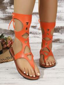 Sandálias Rasteiras Femininas Estilo Boêmio Novo de Verão, Sandálias Elegantes e Confortáveis de Moda Casual Versátil com Fivela - laranja - Visão 4