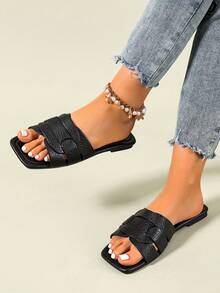 Sandal Selop Kasual Bertali Model Baru Musim Semi/Panas, Sandal Pantai Nyaman dengan Hak Datar dan Ujung Bulat, Sandal Selop Serbaguna untuk Wanita - Hitam - View 6