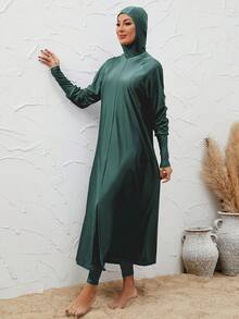 VFJ Đồ bơi Burkini nữ thanh lịch che kín toàn thân màu xanh lá cạp cao, cổ tròn, chi tiết khóa kéo, chất vải co giãn cao, phong cách kín đáo cho kỳ nghỉ bơi lội - màu xanh lá - Xem 6