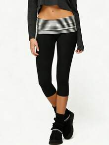Striped Pants For Women Mid Rise Wide Leg Elastic Waist Casual Trousers For Spring - 黑色 - 查看 2