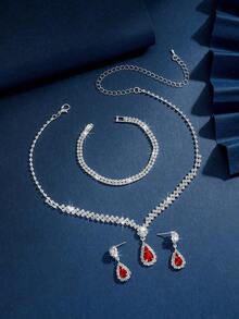 4/3pcs Women's Elegant Water Drop Pendant Necklace, Earrings & Bracelet Jewelry Set, Perfect Bridal Accessory For Weddings, Party & Daily Wear - 白色四件套裝 - 查看 3