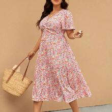 Elaquor Plus Size Women Ditsy Floral Pleated Short Sleeve Casual Vacation Dress,Summer Dresses For Women - Multicolor - Ver 6
