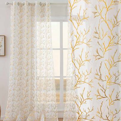 1 tấm rèm voan mỏng họa tiết cành cây ánh vàng sang trọng, chất liệu bán trong suốt, lọc ánh sáng, in hình cây màu trắng và vàng, thích hợp cho sinh nhật, đám cưới, phòng ngủ, phòng khách, trang trí nhà theo phong cách Boho Chic.