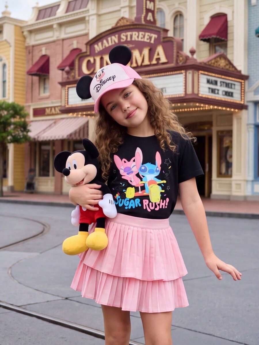 Disney 2pcs/Set Young Girl' Summer Outfit, Short Sleeve T-Shirt & Ruffled Skirt - Black - View 1