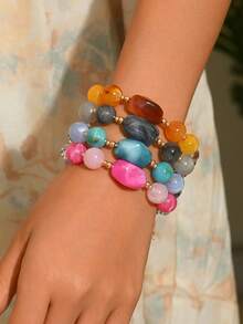 1pc Summer Beach Vacation Boho Style Mixed Color Agate Beaded Bracelet With Gold Spacer Beads, Adjustable Women Bracelet For Beach Party, Vacation, Music Festival - Beaded Bracelet - View 2