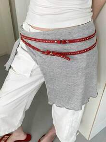 1pc Women's White PU Material Street Style Double-Layer Rivet Belt - Red - View 2