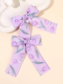 2pcs Purple Tulip Print Ribbon Hair Bow Clips,Alligator Clips,Flower Pattern Bow Hair Clips,Exquisite Gentle Barrettes,Elegant Fashion Spring Summer Hair Accessories,Women Hair Accessories For Daily Life,Bobby Pin,Hair Claws - Multicolor - View 2