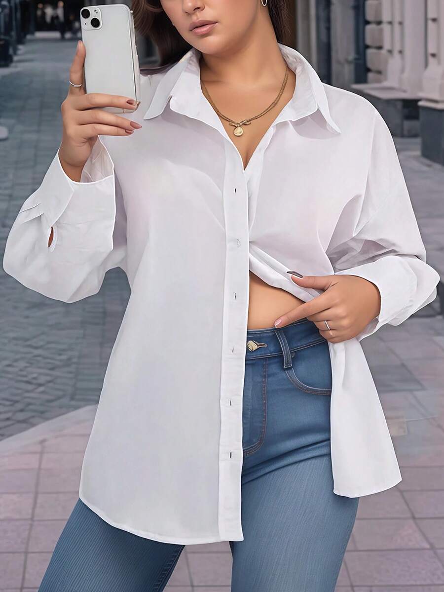 Camisa corta de talla grande para mujer, camisa elegante de manga larga con lazo en la parte delantera, Color sólido, adecuada para otoño - BLANCO - Ver 1