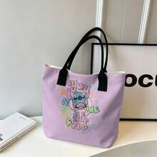 Disney Lilo & Stitch Canvas Tote Bag - "You & Me Equal Love" Stitch & Angel Retro Summer Print Shoulder Bag For Daily Use - Pink - View 5