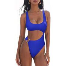 Women's Cutout One Piece Swimsuit, Scoop Neck High Cut Monokini With Side Cutout & Gold Ring Accent, Tummy Control Swimwear For Beach, Pool And Summer Vacation, 7 Colors Available - 米白色2697-1 - 查看 6
