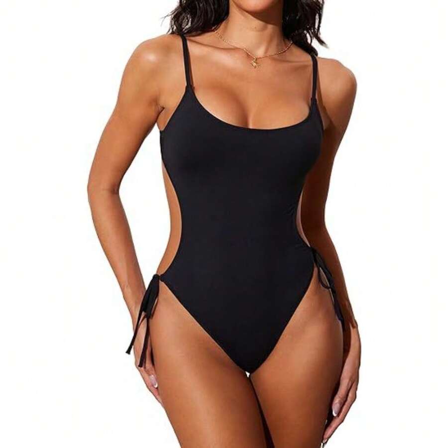 Women's Side Cutout Lace-Up One Piece Swimsuit, Scoop Neck Spaghetti Strap Monokini With Tie Side, High Cut Cheeky Bathing Suit, Tummy Control Swimwear For Summer Beach & Pool - 黑色2683-1 - 查看 1
