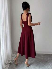 Sleeveless Tie-Up Cinched Waist A-Line Elegant Romantic Women Dress - Màu Đỏ Sâu - Xem 3