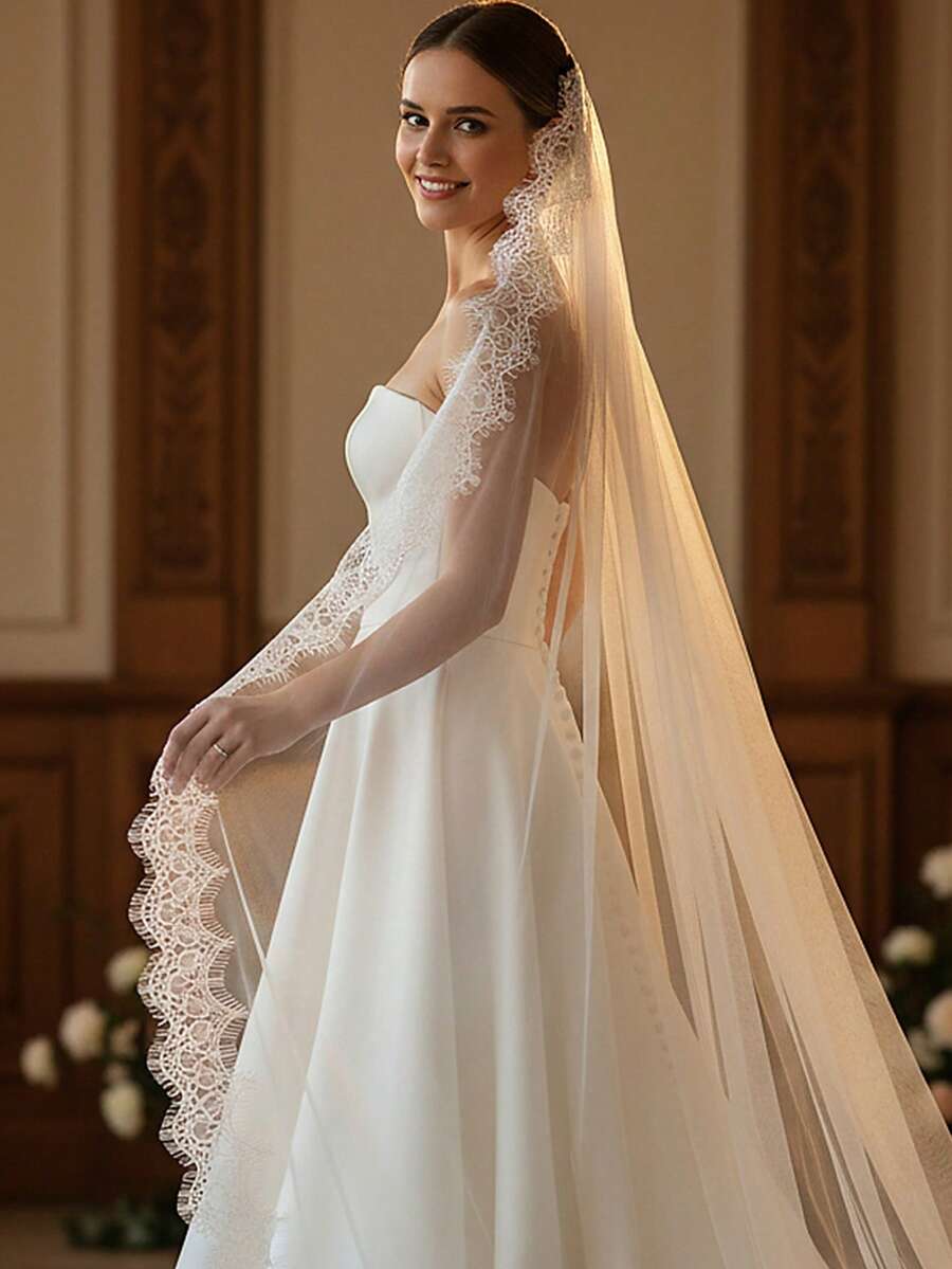 1pc 2m Long Lace Bridal Veil, Elegant Wedding Dress Accessory, Suitable For Cathedral Wedding - Nhiều màu - Xem 1