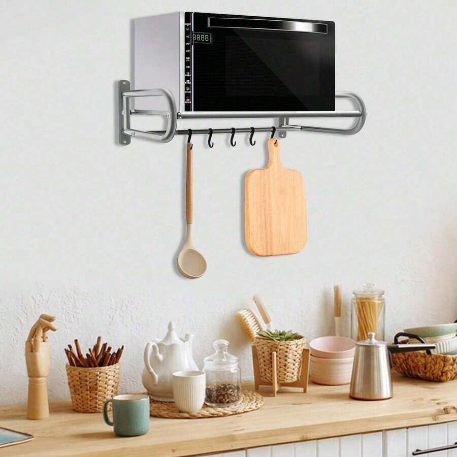 Doppelstöckiges wandmontiertes Mikrowellen-Regal mit Haken, aus Edelstahl gefertigt. Dieses verstellbare Gewürzregal eignet sich für Öfen, Toaster und Geschirr. - Silber - Übersicht 1
