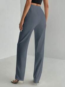 Pantalones rectos de talle alto para mujer alta, color sólido azul petróleo, cintura elástica y bolsillos laterales, tejido suave y cómodo, estilo casual y favorecedor, ideal para uso diario, salidas informales, oficina y looks versátiles - Gris - Ver 2