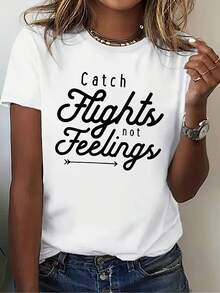 1 Item Of Summer Clothing: Women's Fun 'Chase The Flight, Not Feelings' Travel Graphic T-Shirt - Black/White With Airplane Print, Crew Neck, Casual Spring/Summer, Washable, New Summer Fashion And Gift Of The Day - 白色 - 查看 1