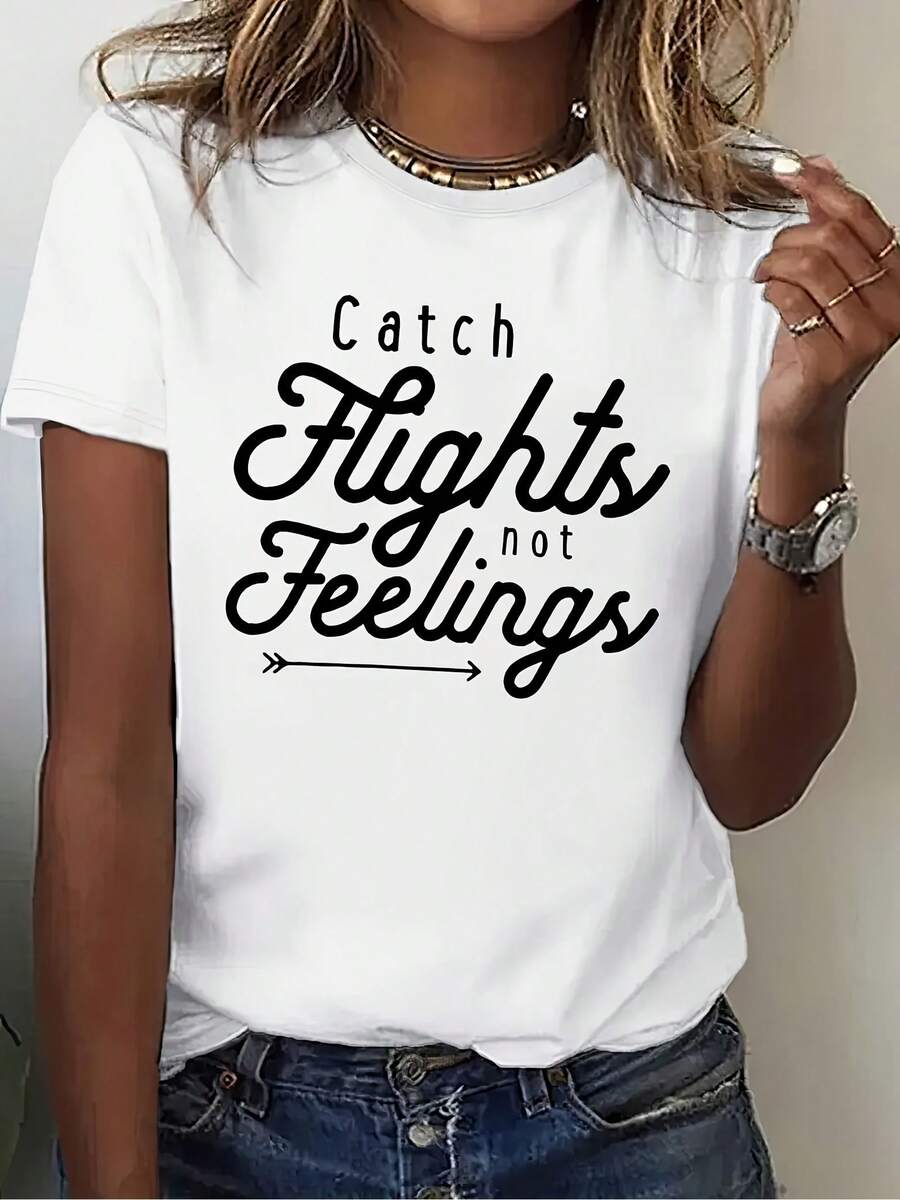 1 Item Of Summer Clothing: Women's Fun 'Chase The Flight, Not Feelings' Travel Graphic T-Shirt - Black/White With Airplane Print, Crew Neck, Casual Spring/Summer, Washable, New Summer Fashion And Gift Of The Day - 白色 - 查看 1