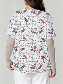 Plus Size Curvy Women's All-Over Print Nurse Top, Casual Loose Short-Sleeve  Work Clothes Stethoscope Heart Pill Syringe Ecg Pattern Print Stylish Patterned Nurse Top, Perfect For Hospital, Dental, Nursing And Healthcare Staff. - Sayle - View 4