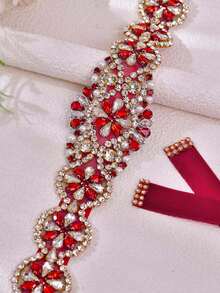 1pc Burgundy Rhinestone Bridal Belt, Sparkling Crystal Decor Belt, Suitable For Wedding Dress, Elegant Belt, Perfect For Christmas Party Formal Occasions - Burgundy Ribbon - View 9