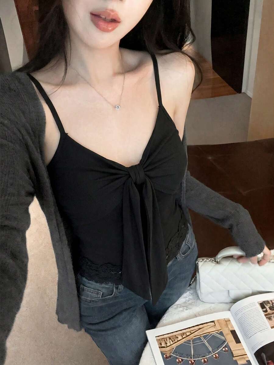 法式纯色扭结缎带吊带背心，新款夏季女士修身显瘦可调节肩带加垫百搭休闲上衣黑色 - 黑色 - 查看 1