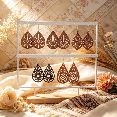 5 Pairs Laser Cut Geometric Hollow Mandala & Teardrop Earrings Set, Wooden Bohemian Vintage Style, Suitable For Daily, Holiday, Music Festival, Celebration