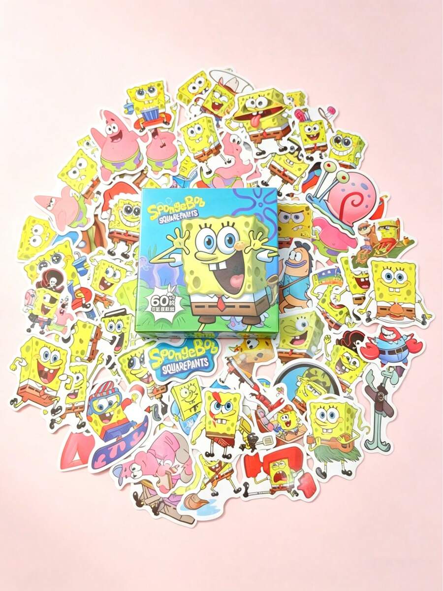 SpongeBob SquarePants 63/100pcs Cartoon Stickers, Cute Waterproof Vinyl Stickers, Removable Self-Adhesive Stickers, Suitable For Decorating Laptops, Water Bottles, Phone Cases, Diaries, Notebooks And DIY Crafts, Great For Fans, Kids And Students, Perfect For Personalizing Daily Items - Sticker - View 1