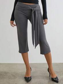 Women Y2k Polka Dot Printed Capris Cute Low Rise Stretchy Cropped Pants Side Bow Tie Skinny Capri Leggings Going Out - 灰色 - 查看 2