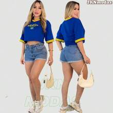Women's Oversized Cropped Top With Brazil Print, 100% Cotton, Prime Fabric, World Cup 2026, Blouse, T-Shirt, International Fashion. - 寶藍色 - 查看 6